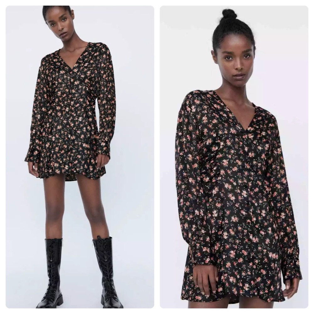 NWOT Zara Satin Long Sleeve Ditzy Floral Print Button Down Mini Dress S